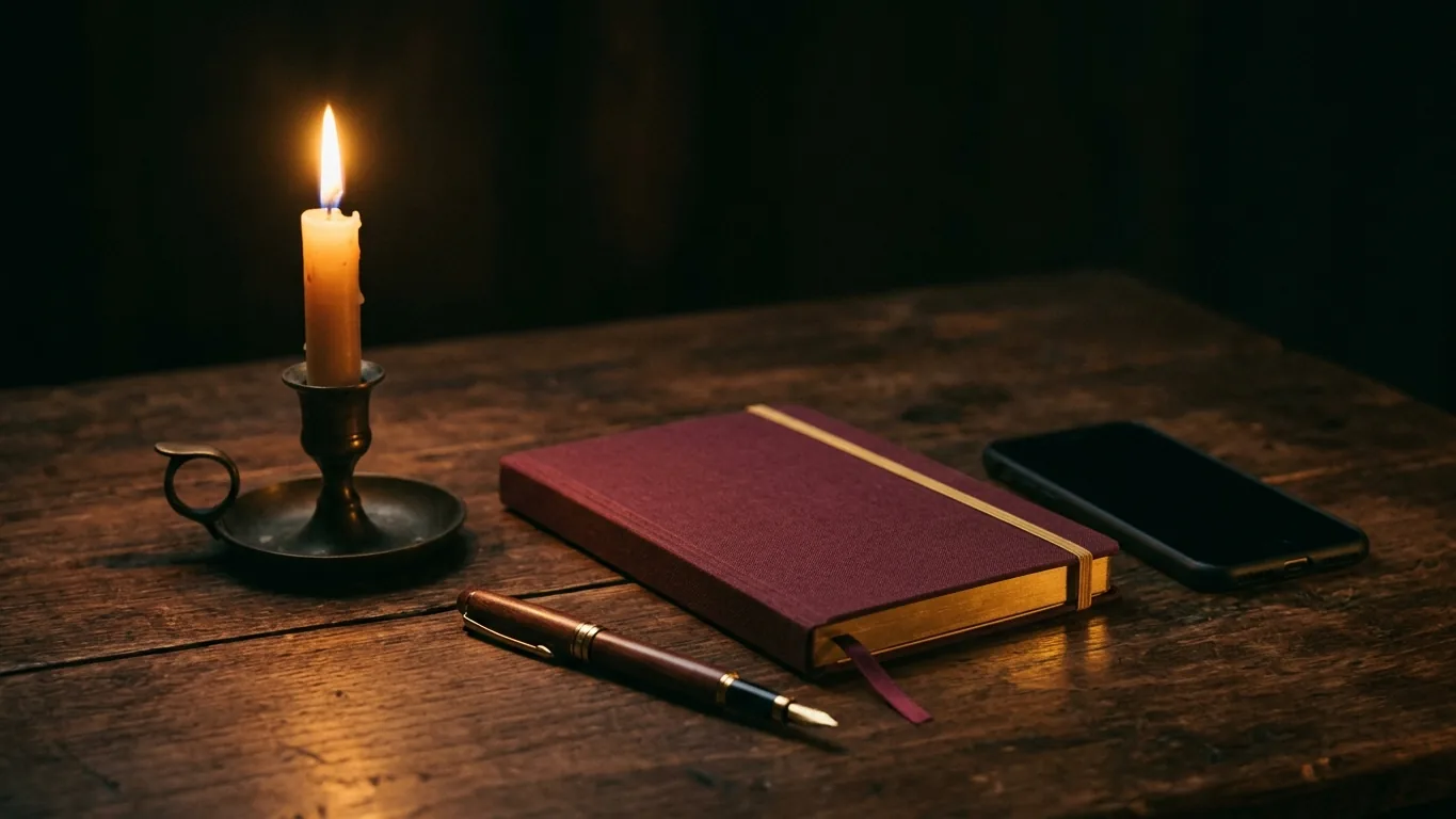 Notebook, pen and phone beside a candle