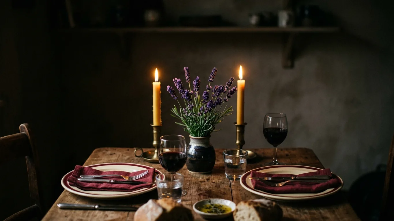 Kitchen table set for two with lavender