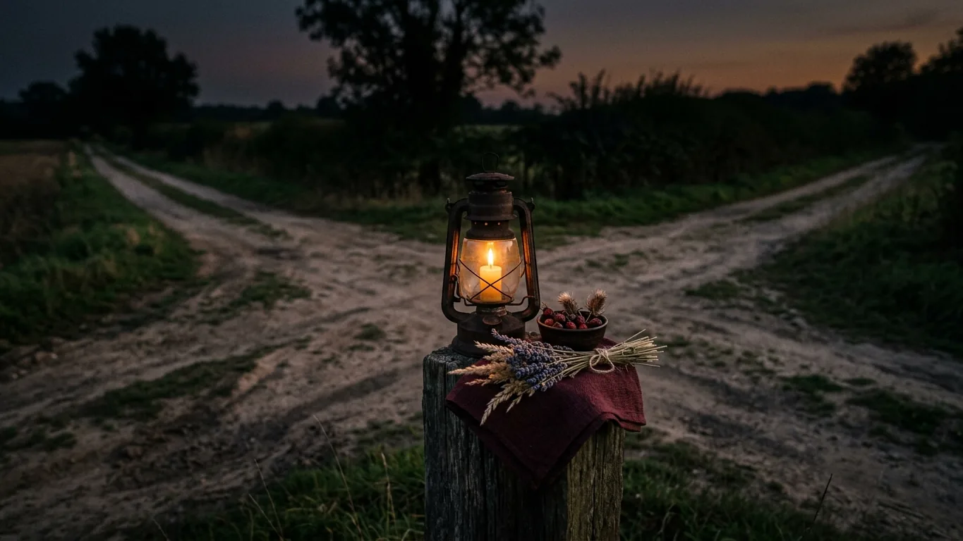 Lantern glowing at a rural crossroads at dusk