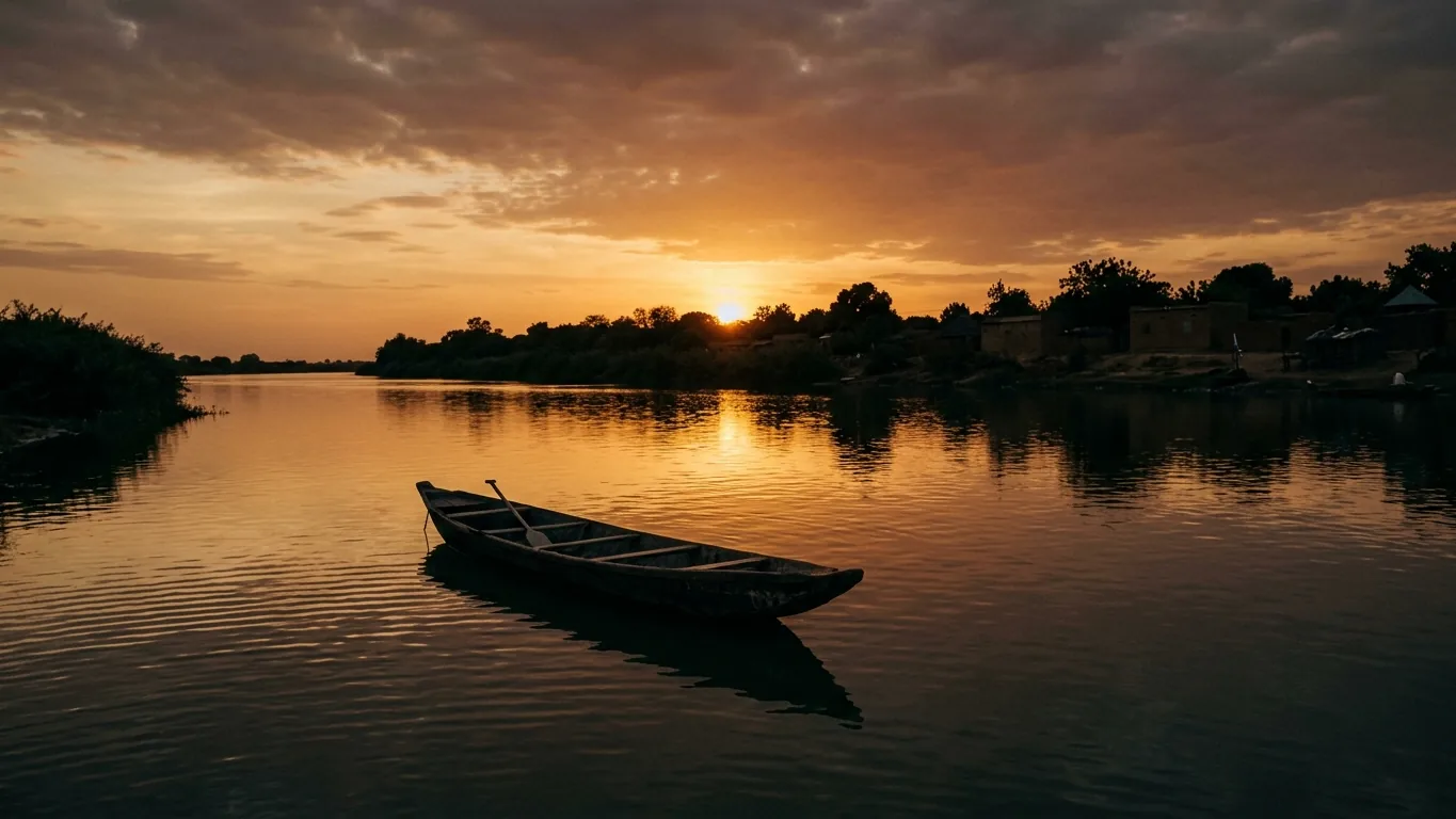 Wooden boat on the Senegal River at golden hour