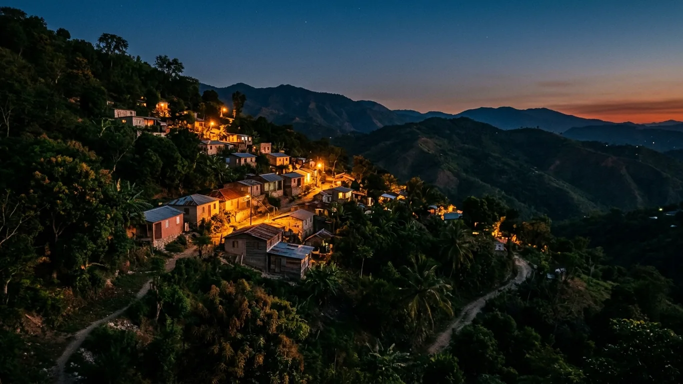 Haitian hillside village at dusk