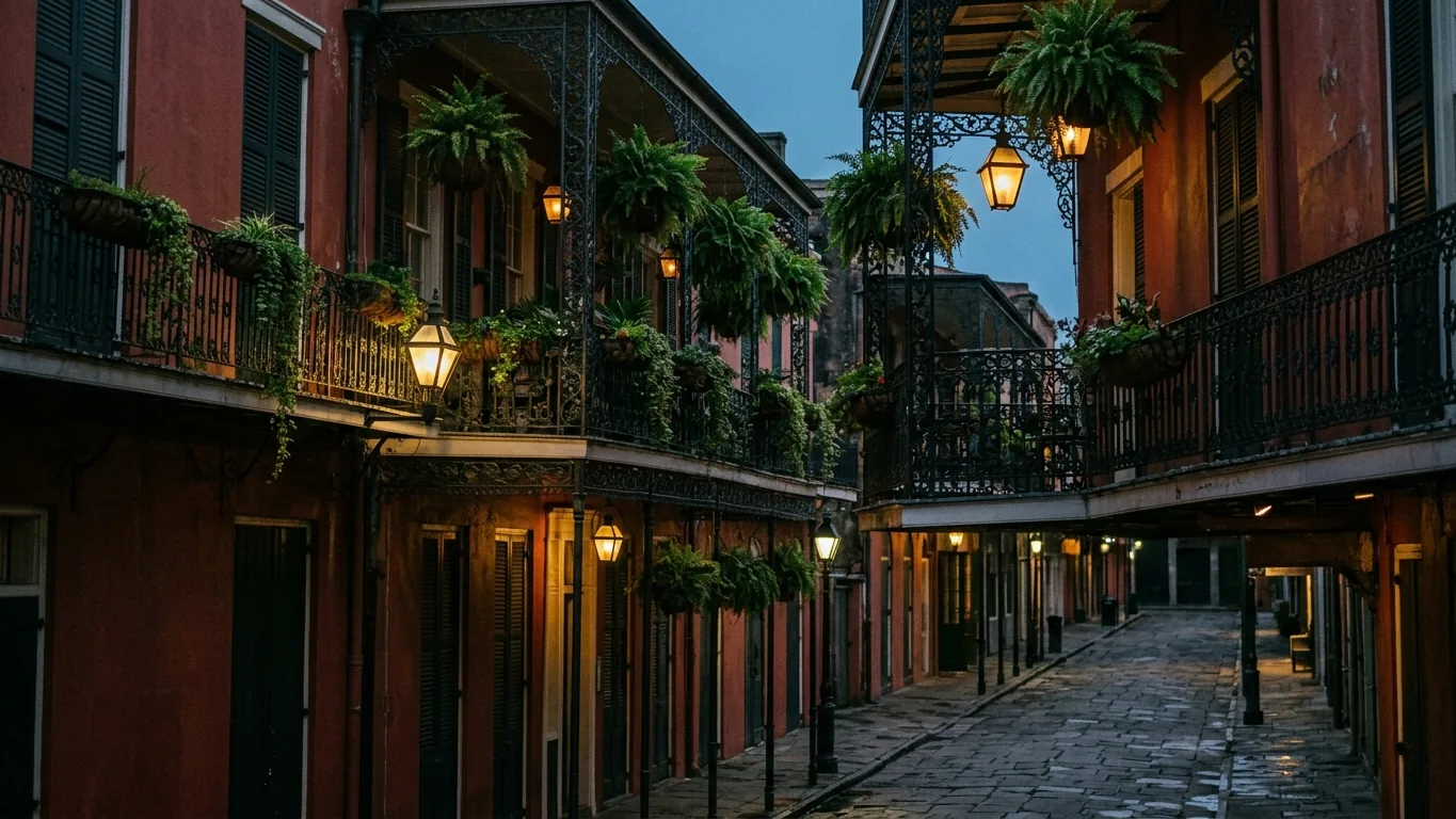 French Quarter balconies at dusk