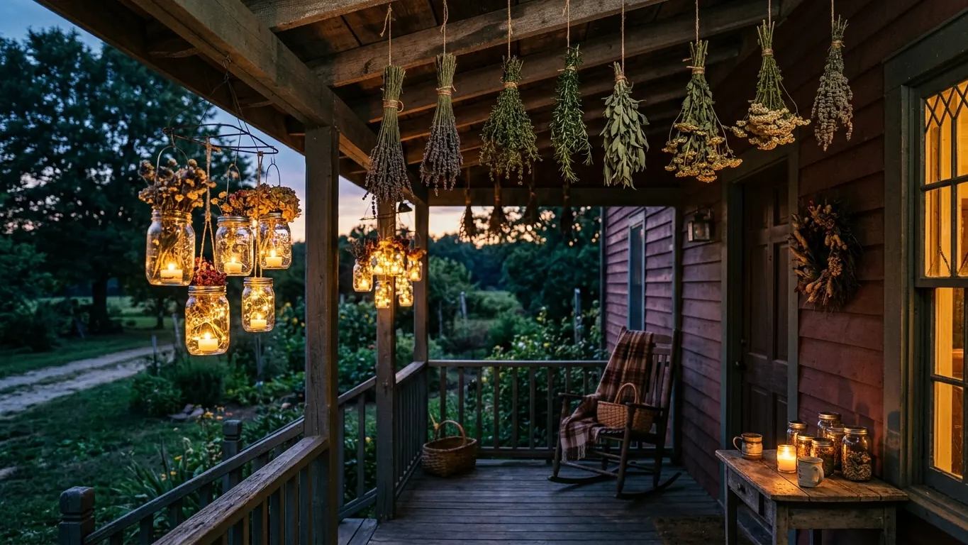 Southern porch with jars and hanging herbs