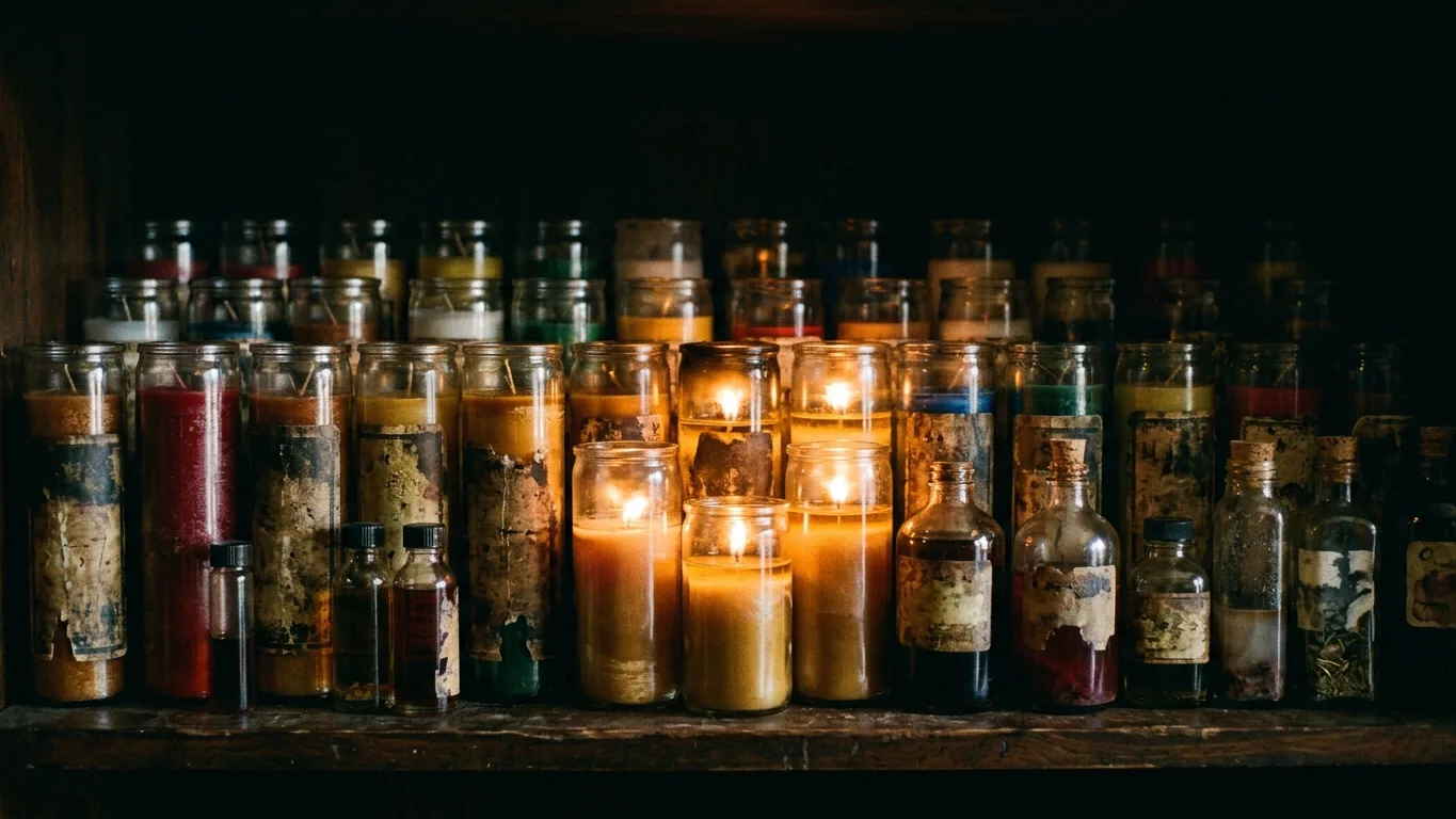 Botánica shelf of candles and bottles