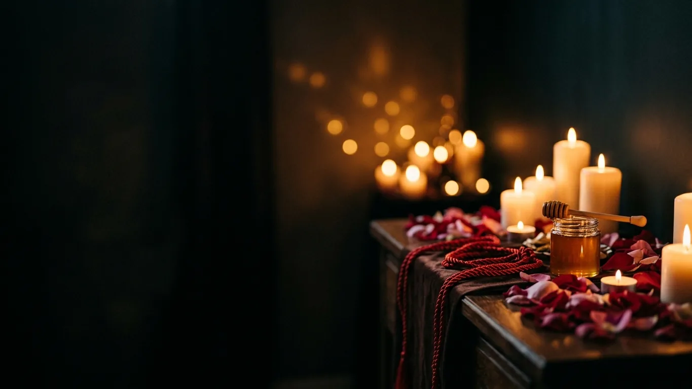 Full candlelit altar with honey, cords and flowers