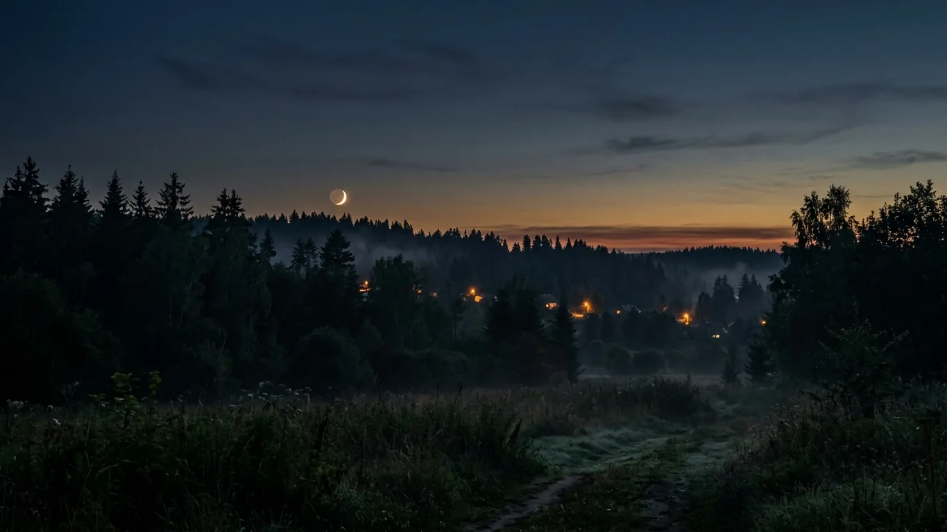Crescent moon over misty trees at dusk