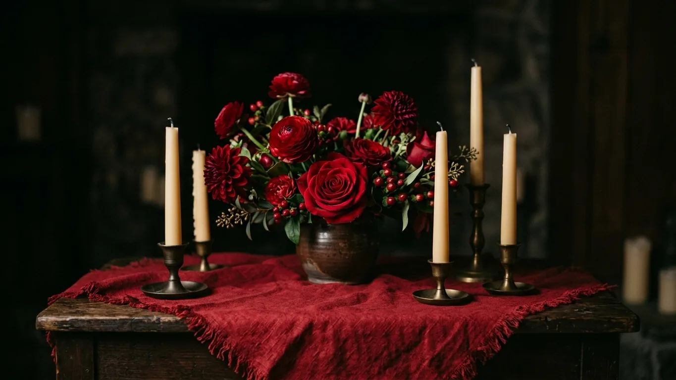 Altar being prepared with flowers and candles