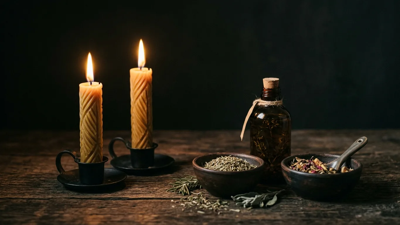 Carved candles beside oil and herbs
