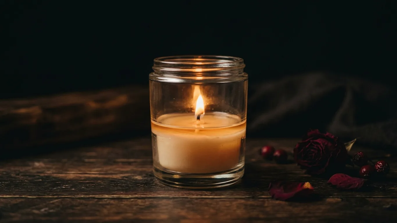 Glass candle burning halfway down