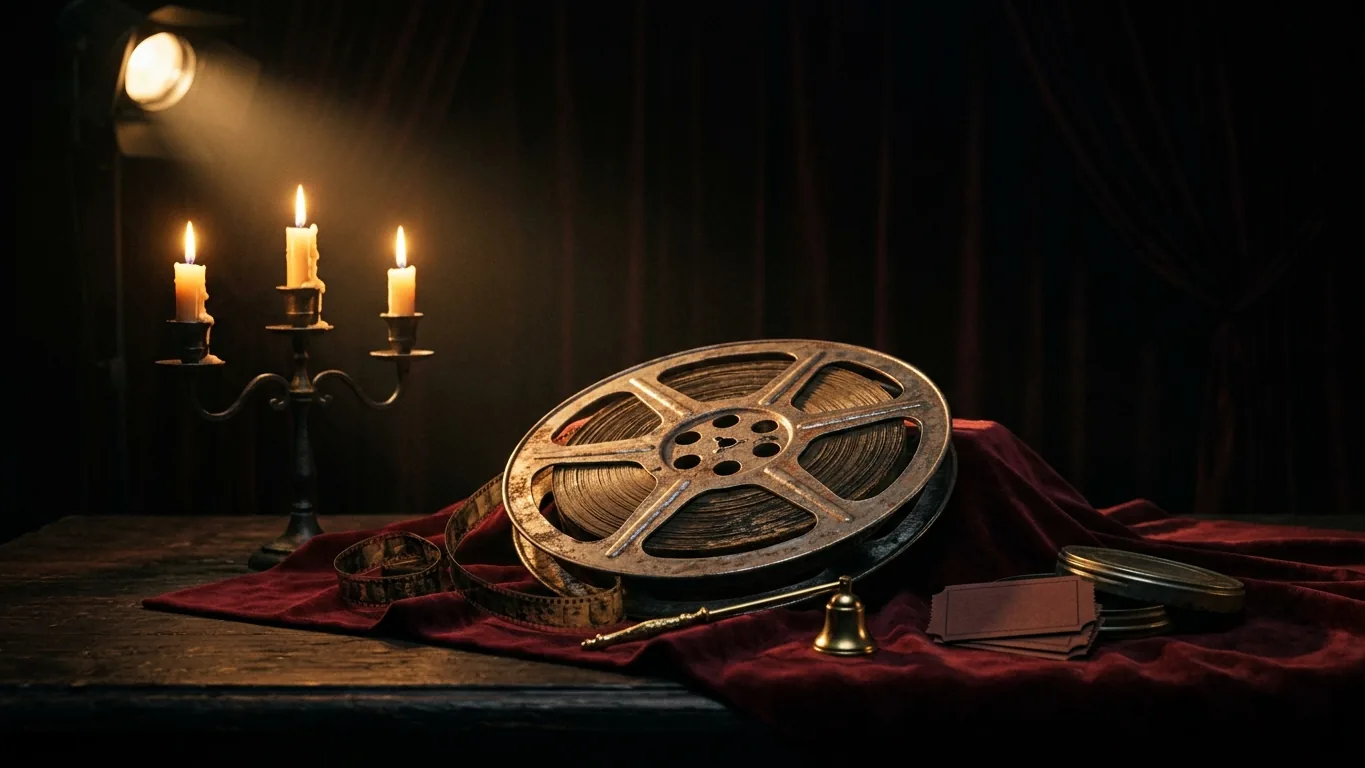 Old film reel under a spotlight