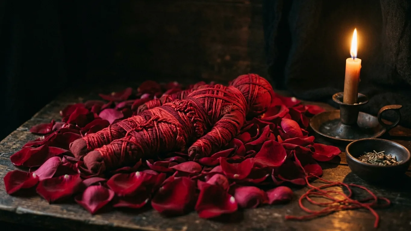Cloth figure wrapped in red thread