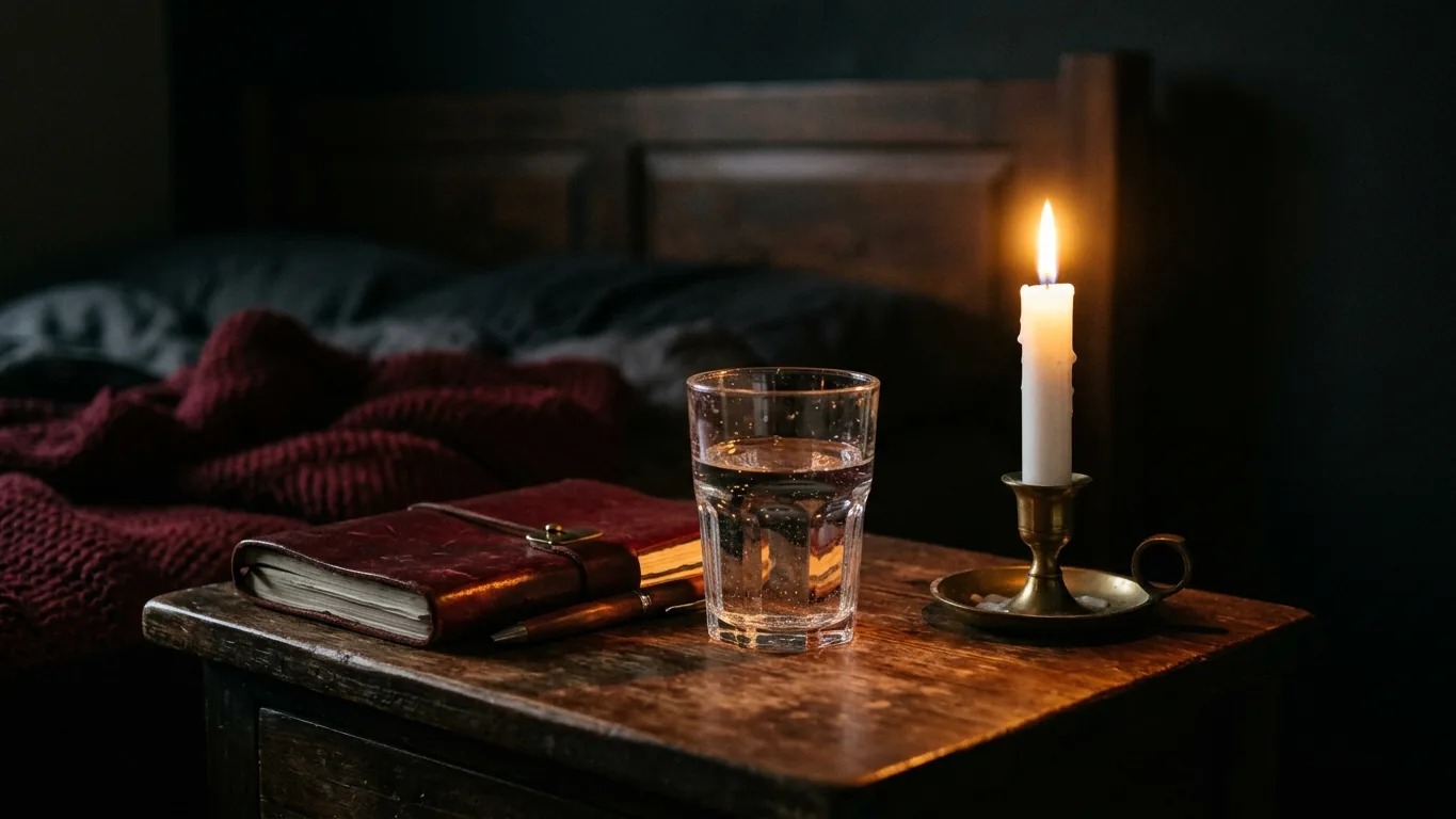 Bedside table with a journal, water and a candle