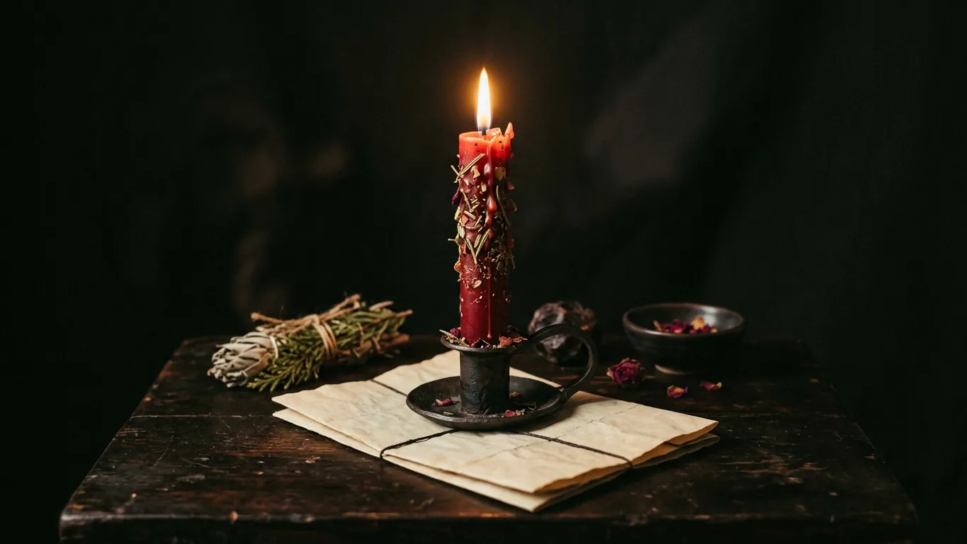 Red candle burning on an altar