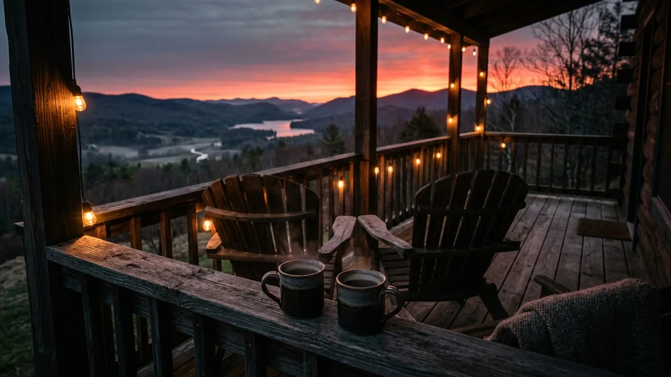 Two coffee cups on a porch at sunset