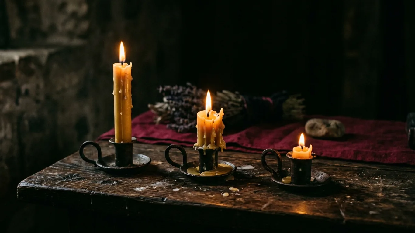 Three candles burning on an altar