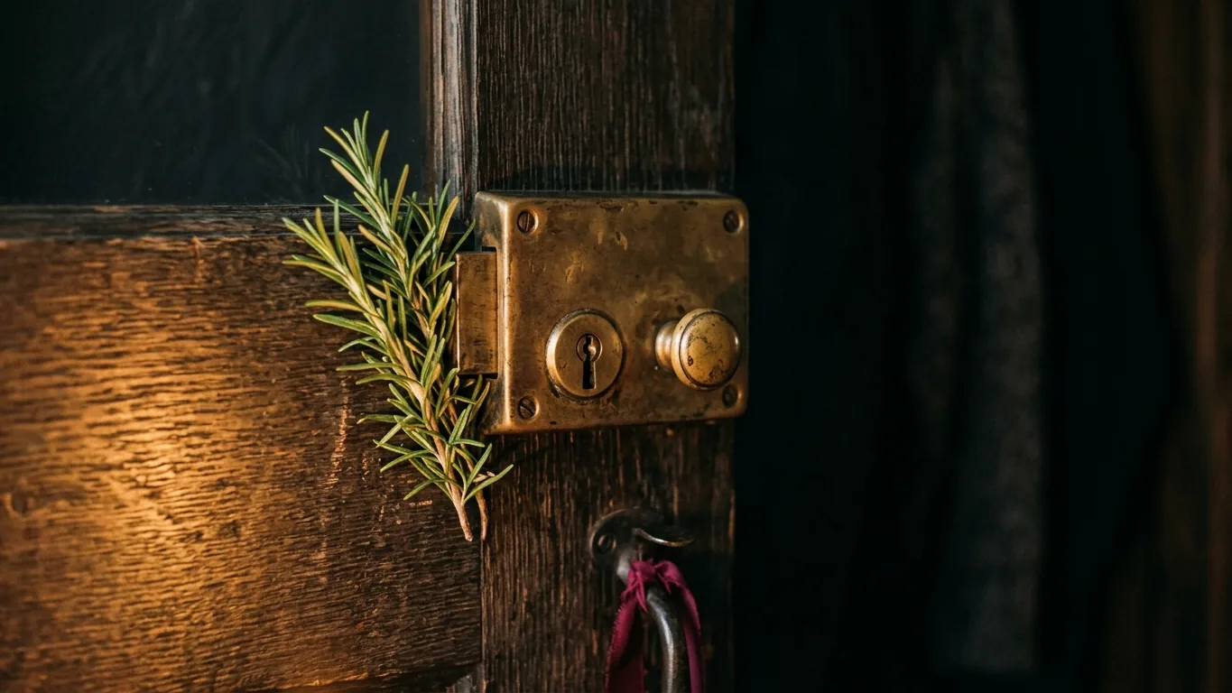 Door lock with a sprig of rosemary