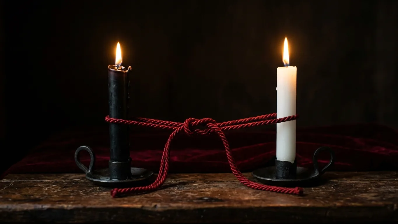 Black and white candles linked by a red cord