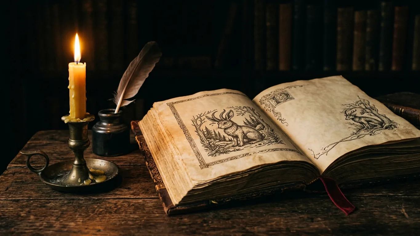 Old folklore book in candlelight