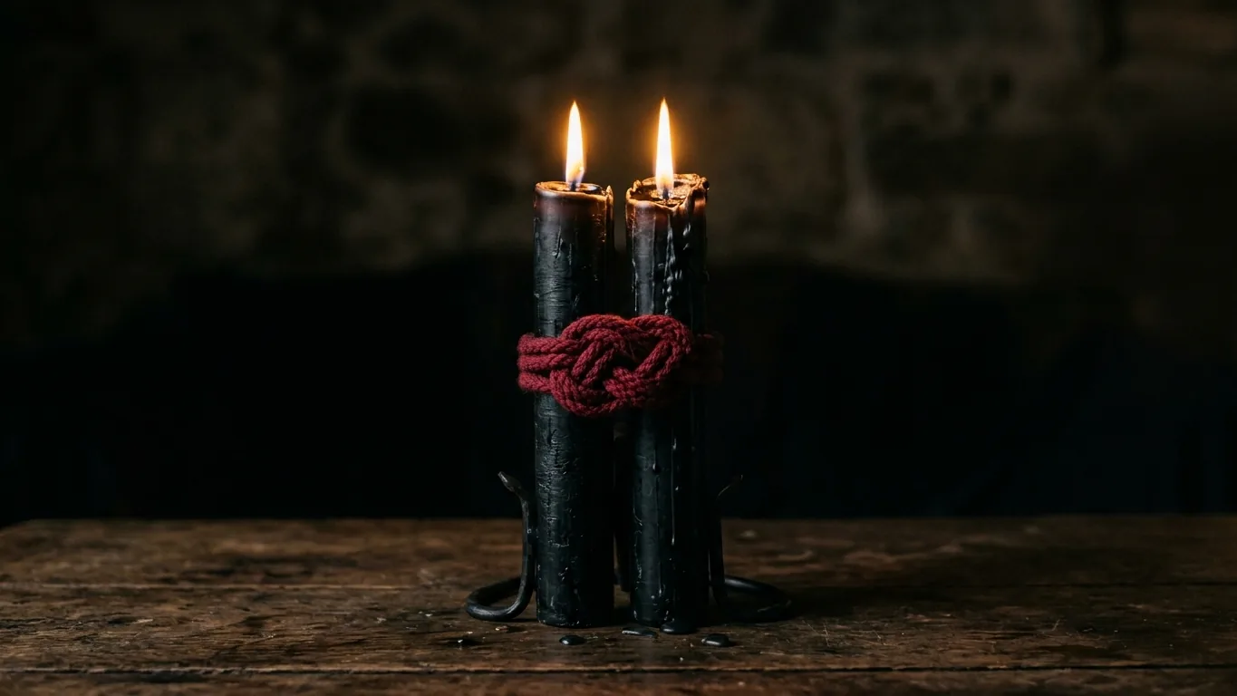 Red cord knotted around two black candles