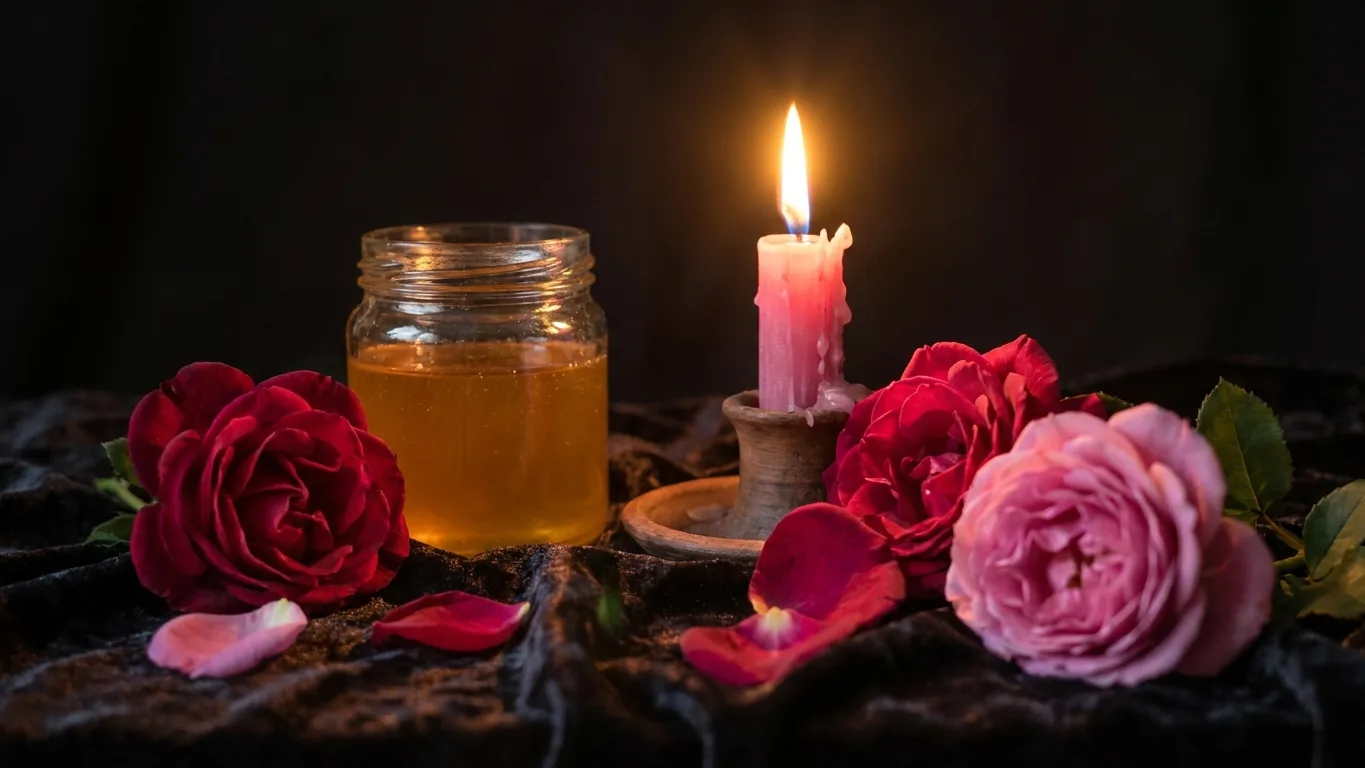 Honey jar, pink candle and roses
