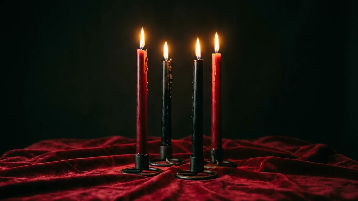 Tall red and black candles burning
