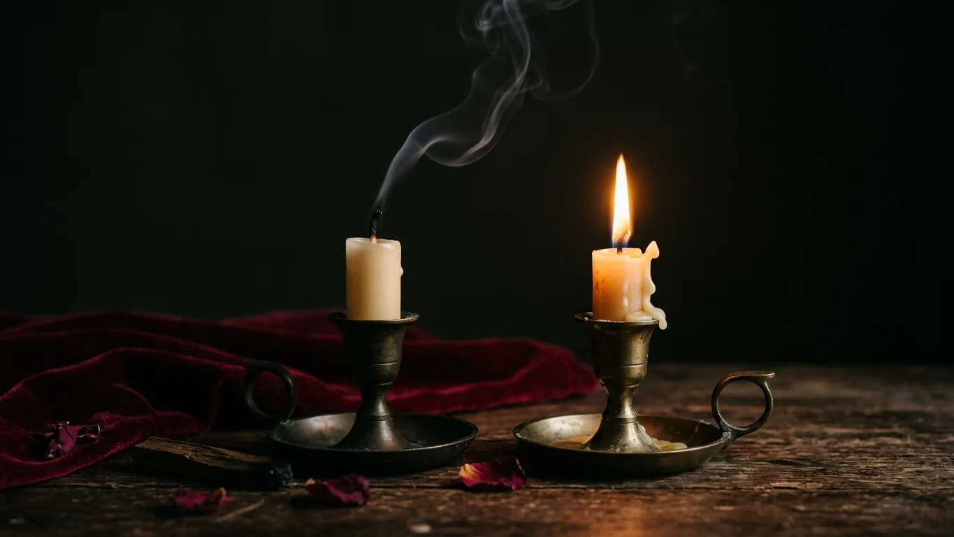 Extinguished candle beside a lit one