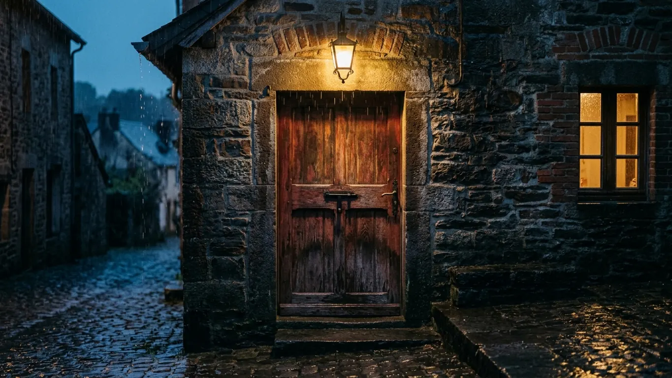 Closed wooden door in the rain