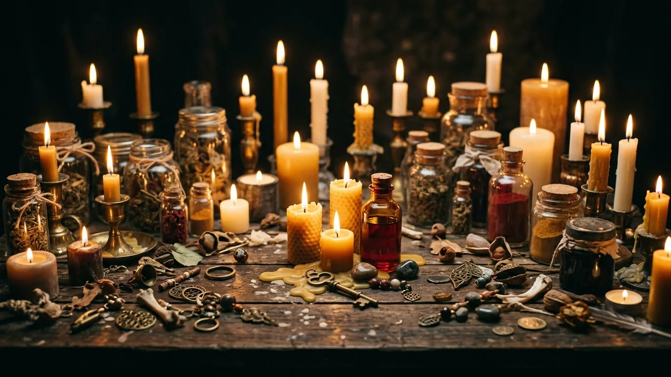 Cluttered table of mismatched candles and charms