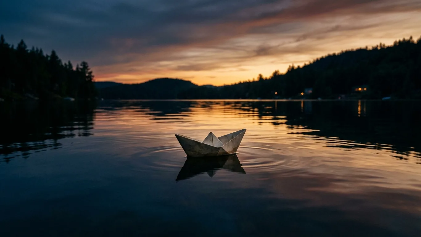 Paper boat on calm water at dusk