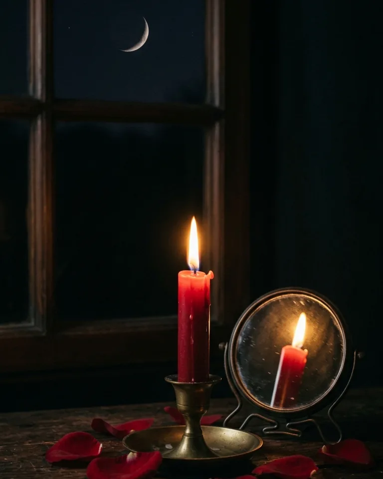 Red candle reflected in a small mirror