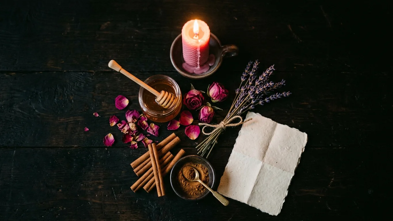 Attraction materials: candles, roses, honey and oil
