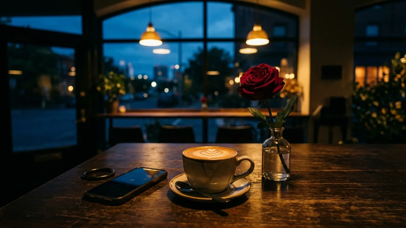 Phone, coffee and a rose on a café table