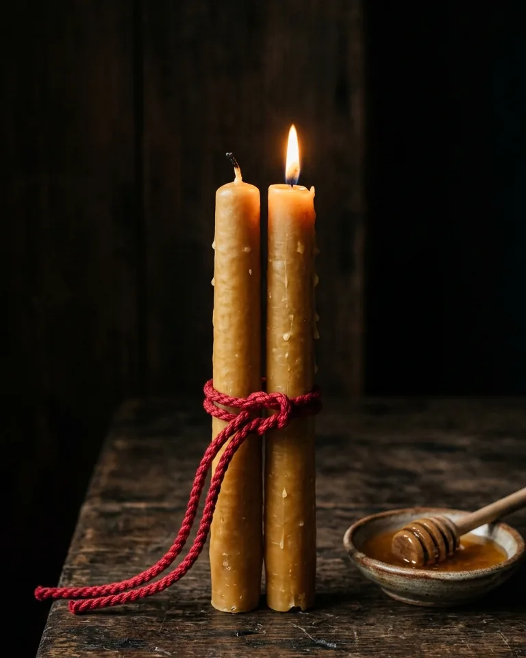 Red cords knotted around two candles on an altar
