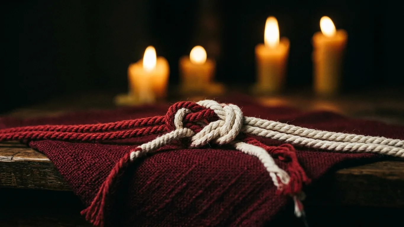 Red and white cords tied into one knot beside candles