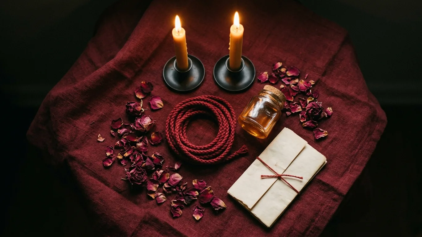 Binding materials: red cord, honey, rose petals and candles