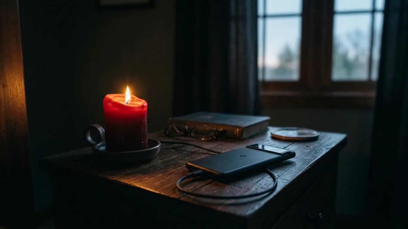 Phone beside a burning red candle at dawn