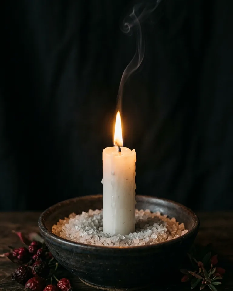 White candle in a bowl ringed with salt