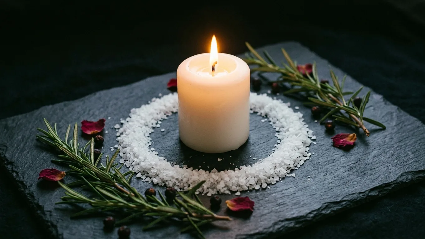 White candle inside a circle of salt