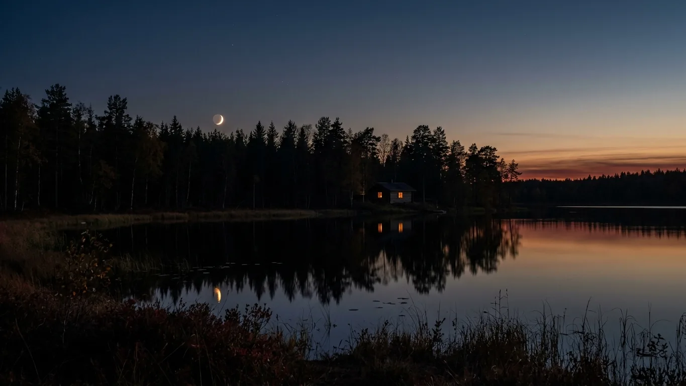 Waning moon over dark trees before dawn