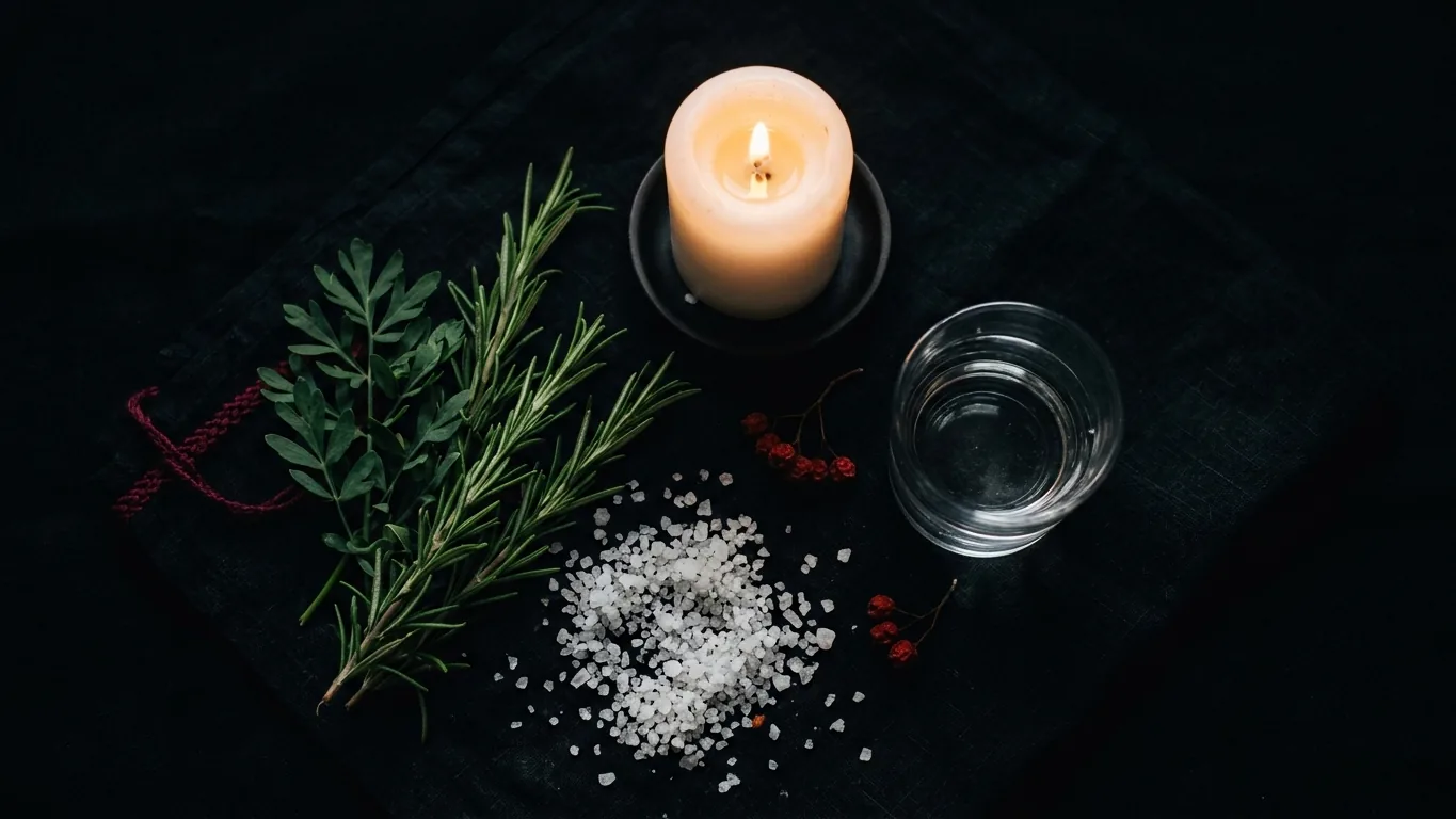 Clearing materials: salt, herbs, a white candle and water