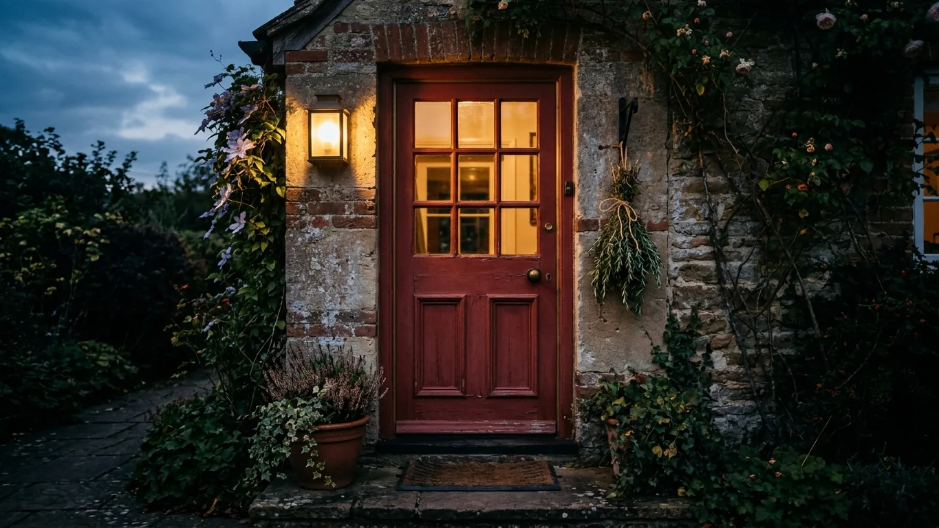 Rosemary hung beside a warmly lit front door