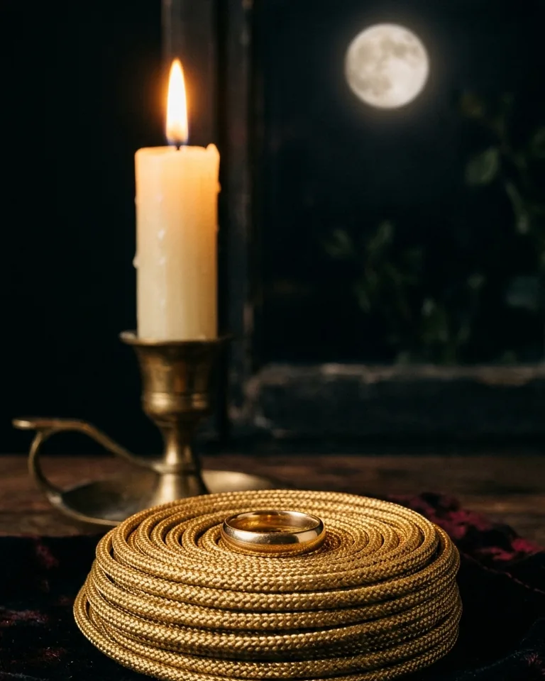 Gold ring on a gold cord before a white candle