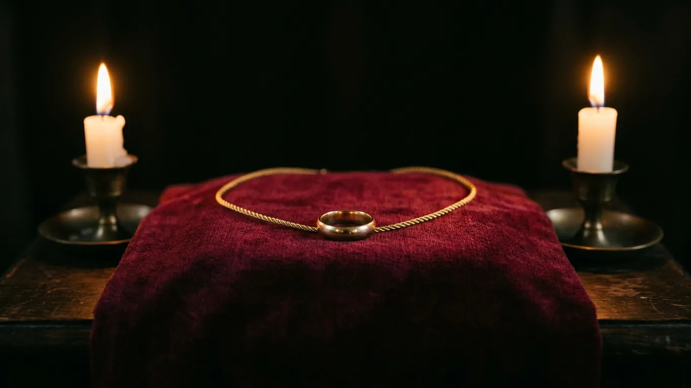 Gold ring on a gold cord between white candles