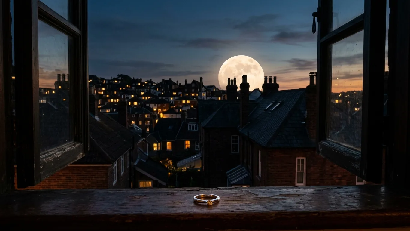 Ring on a windowsill under a full moon