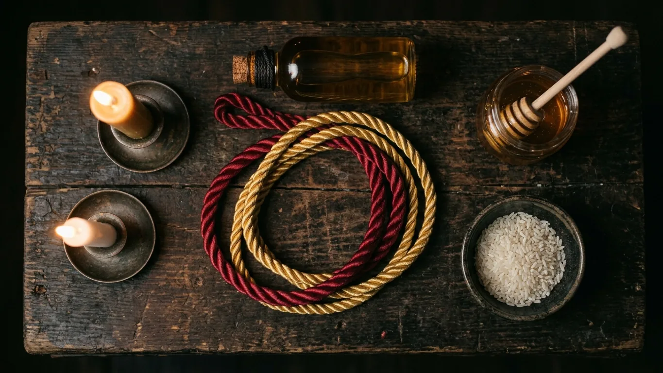 Commitment materials: gold cord, candles, honey and a key