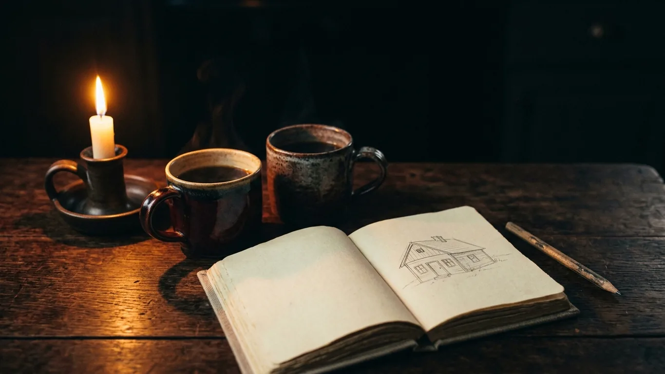 Two mugs and a notebook sketch of a house