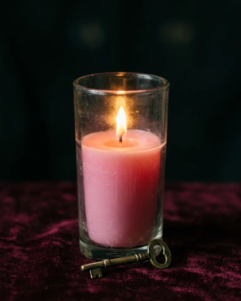 Pink candle with a brass key on velvet