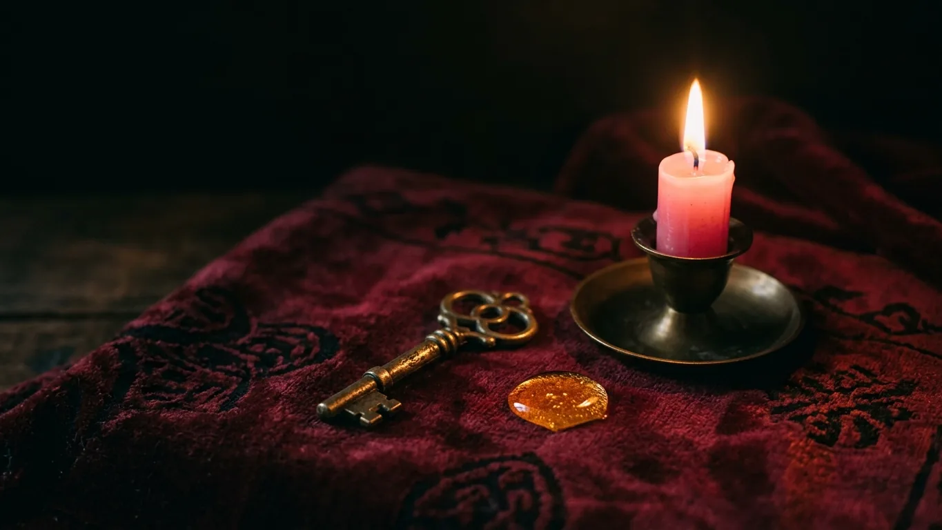 Brass key beside a pink candle