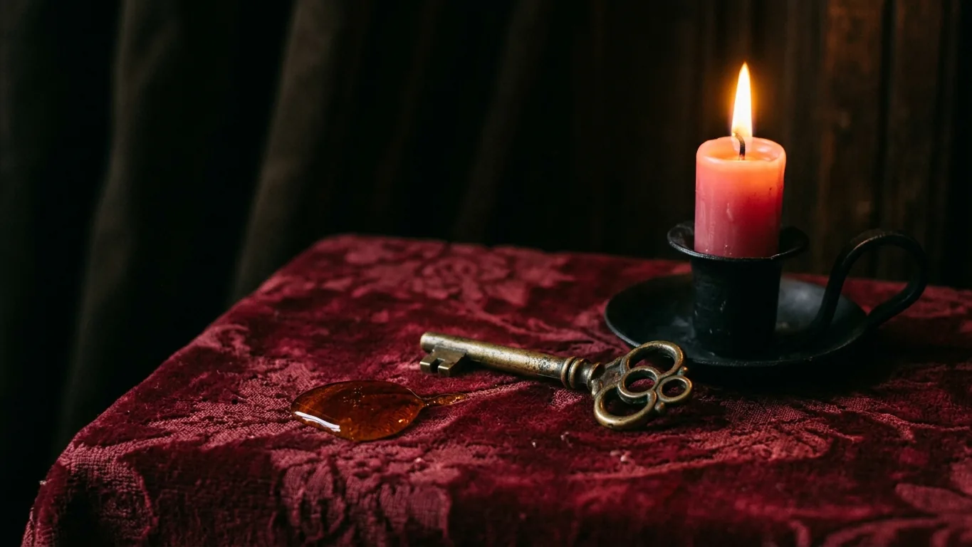 Devotion materials: pink candle, key charm, honey and rose