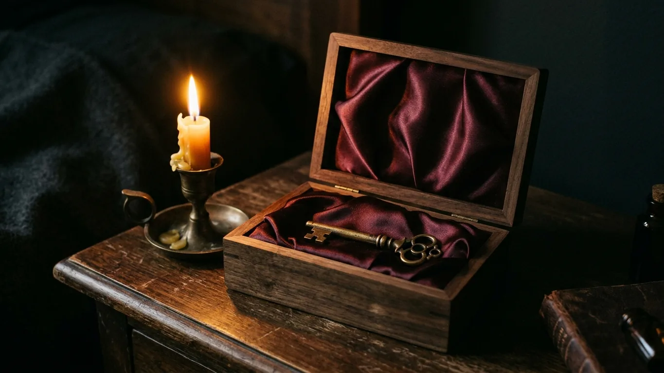 Brass key charm kept in a small wooden box